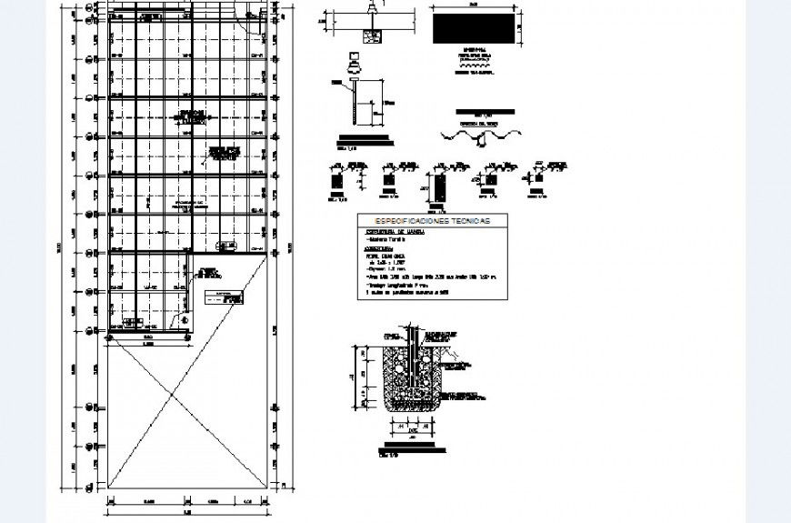 Framing plan structure with column and beam drawing details of community center dwg file