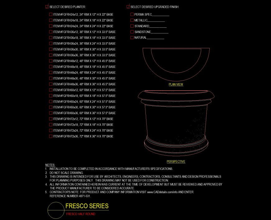 Fresco half round planter series drawing in dwg file.