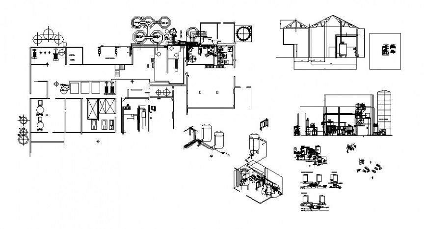 Fresh milk industrial plan, elevation and isometric view in auto cad