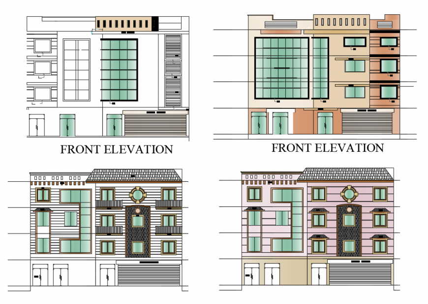 Front, back and rear elevation details of apartment building dwg file