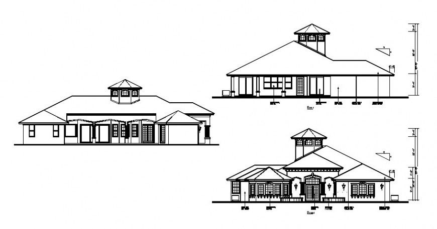 Front, back and rear elevation drawing details of residential house dwg file