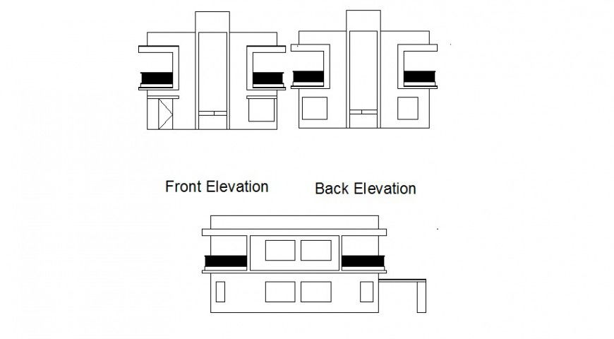 Front, back and side elevation details of one family house dwg file