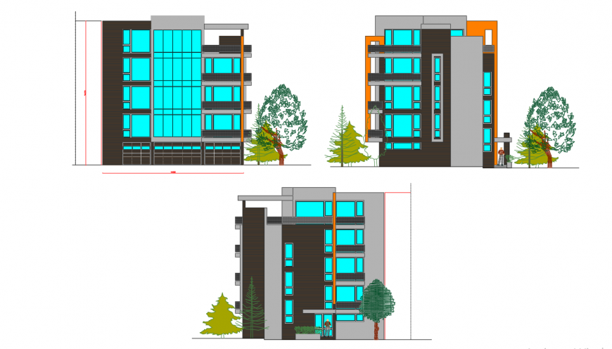 Front, back and side elevation details of residential apartment building dwg file