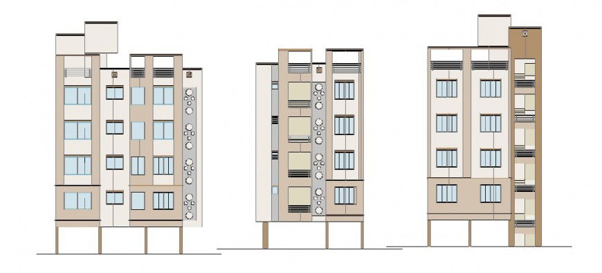 Front, back and side elevation drawing details of multi-story apartment building dwg file