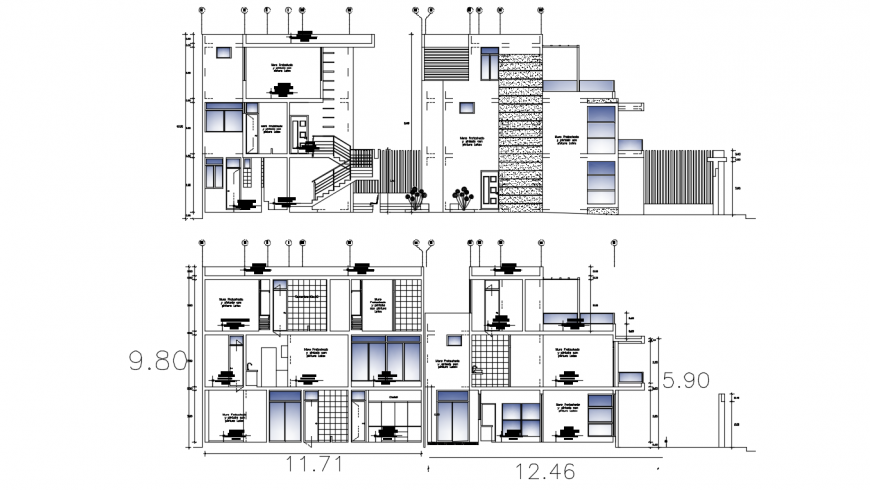 Front, back and side section details of condominium apartment building dwg file