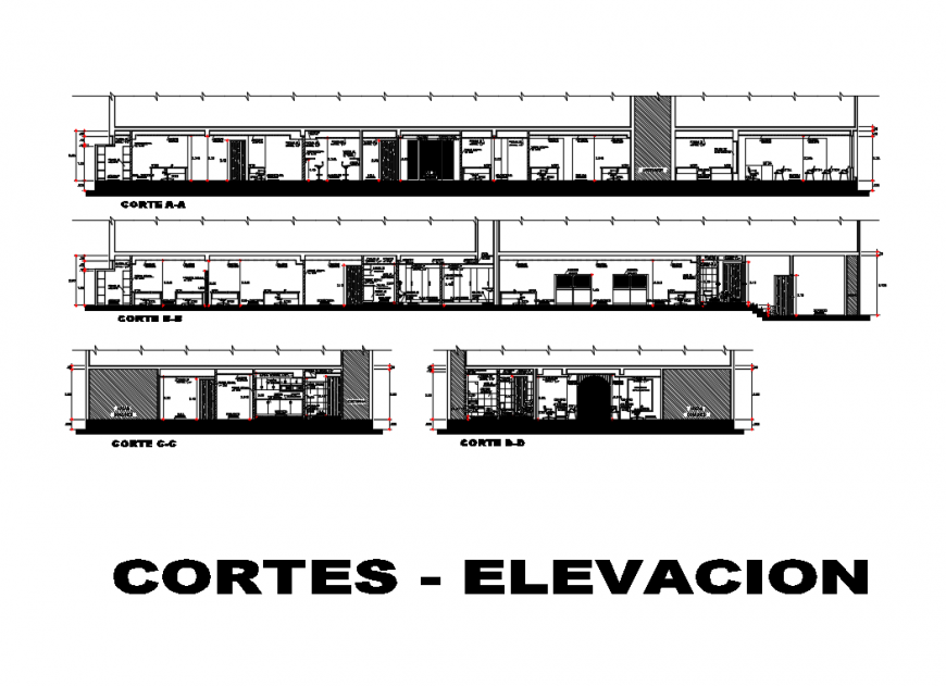 Front, back and side sectional details of corporate building dwg file