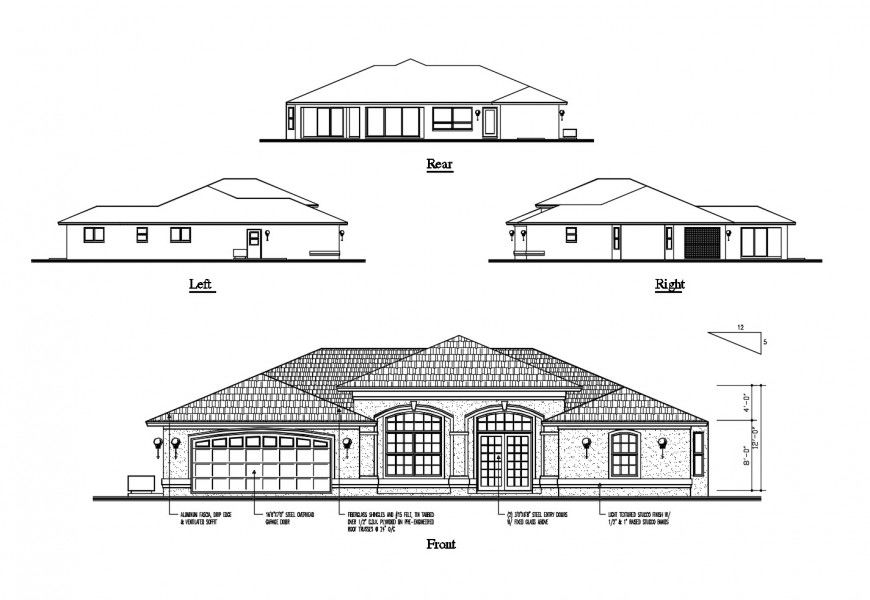 Front, left, rear and right side elevation details of one story house dwg file