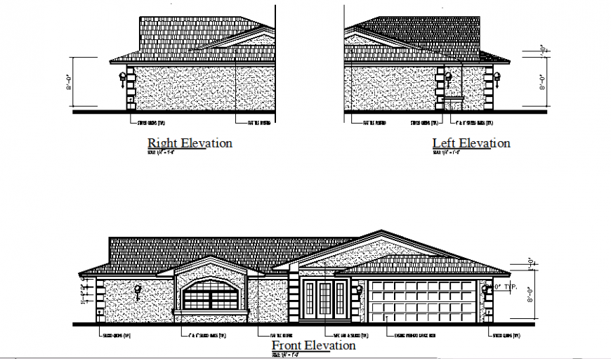 Front, left and right elevation of hotel in auto cad file