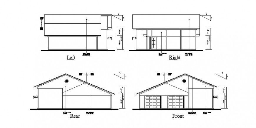Front, rear, left and right side elevation of house cad drawing details dwg file