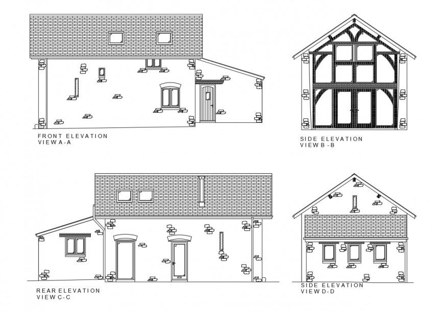 Front, rear and two sided elevation drawing details of residential house dwg file