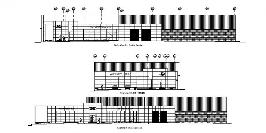 Front,back and side elevation drawing details of office building dwg file