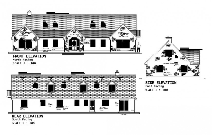 Front, rear and side elevation details of single story residential ...