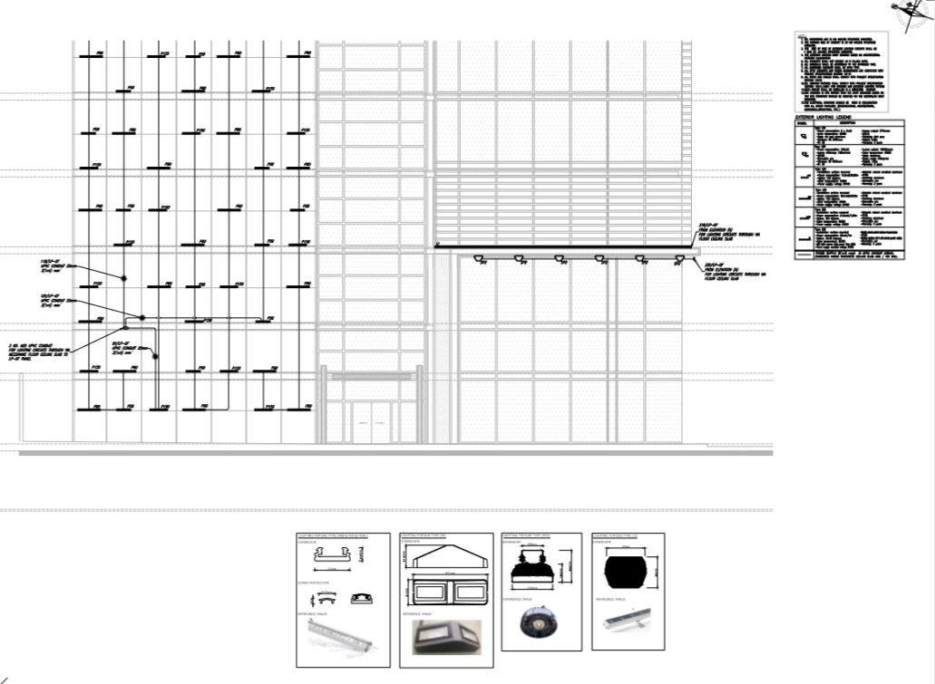front elevation and exterior led lighting description and detail of corporate building