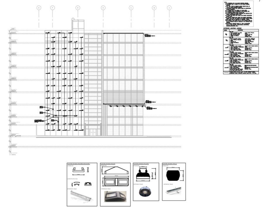 front elevation and exterior led lighting pattern and detail of corporate building