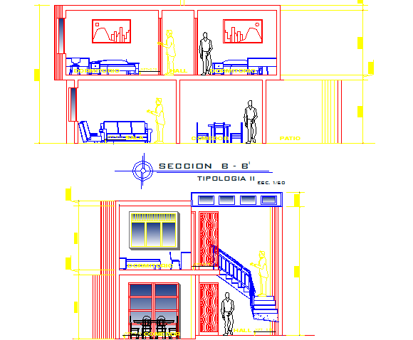 front elevation and sectional details of a bungalow dwg file