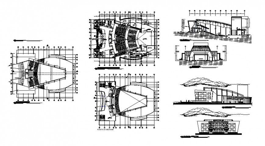 Front and back elevation, section and floor plan details of auditorium hall building dwg file