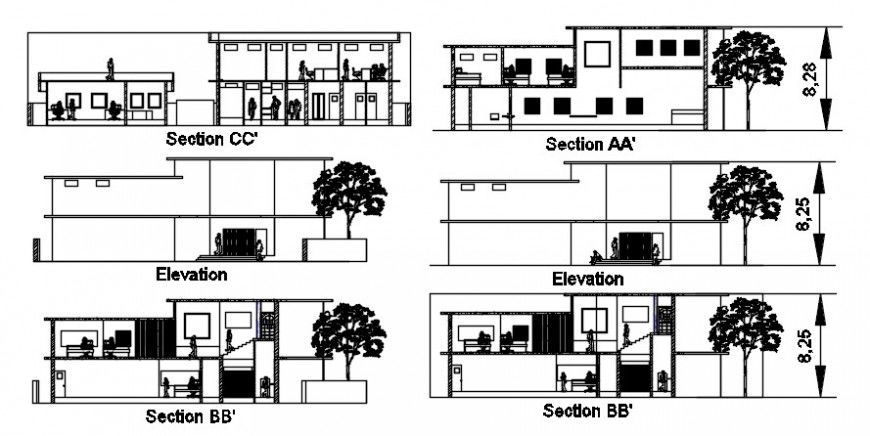 Front and back elevation and all sided section details of bank building dwg file