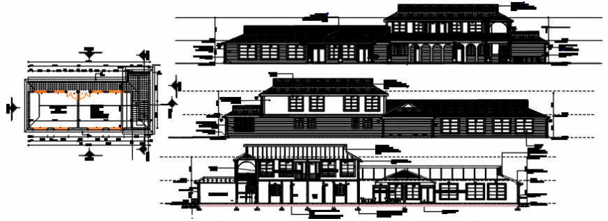 Front and back elevation and front section with plan of club house dwg file