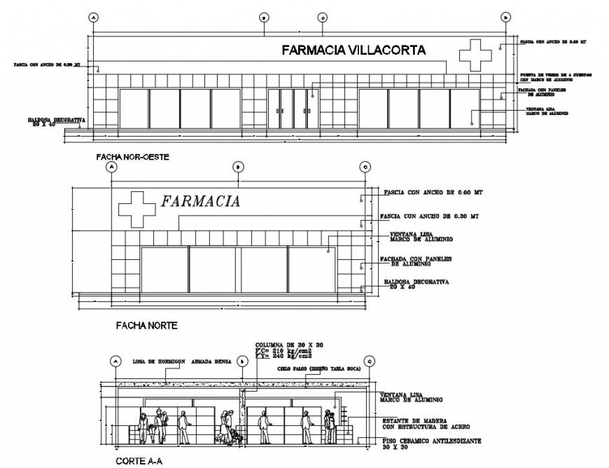 Front and back elevation and main section details of hospital dwg file