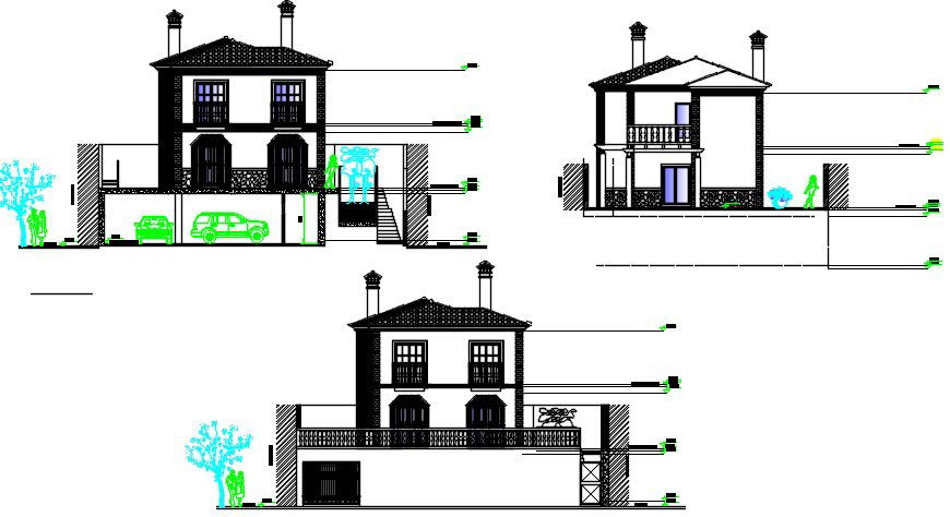 Front and back elevation and main section details of house dwg file