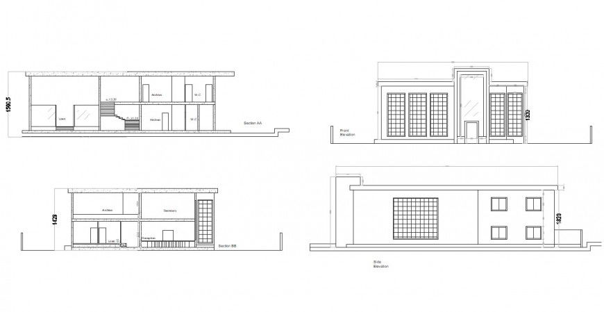 Front and back elevation and section details of bank office dwg file