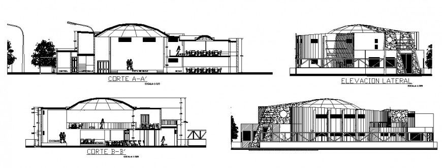Front and back elevation and section details of dance club cum restaurant dwg file