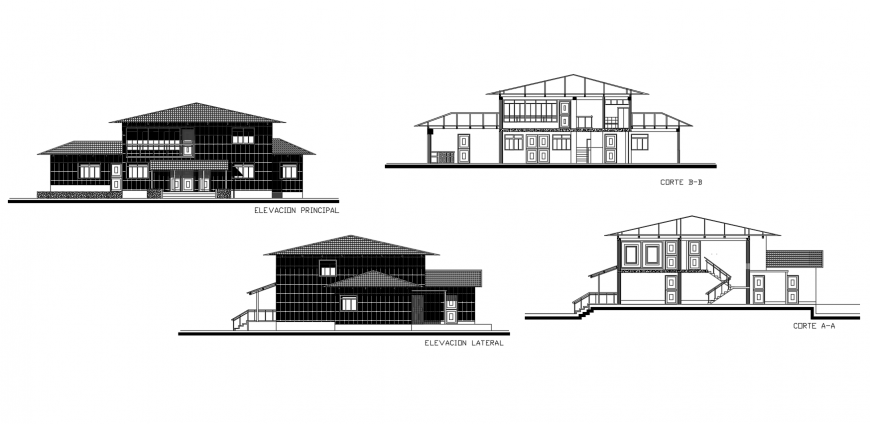 Front and back elevation and section drawing details of cottage house dwg file