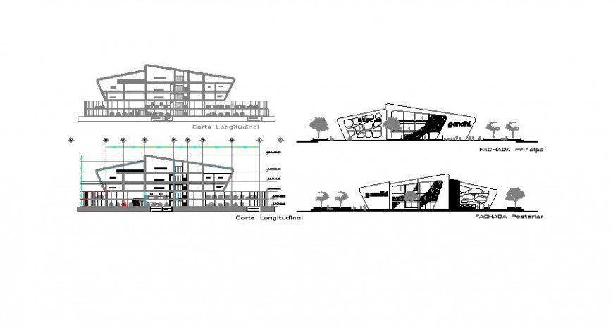 Front and back elevation and section drawing details of luxuries hotel building dwg file