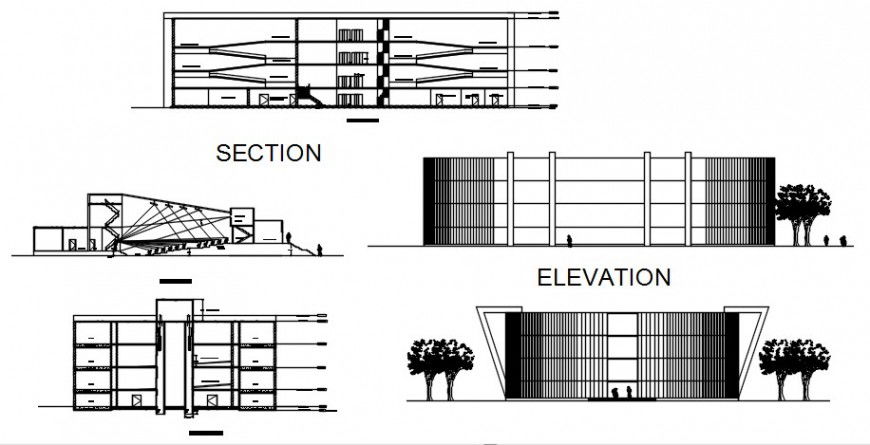 Front and back elevation and section drawing details of tribal museum dwg file