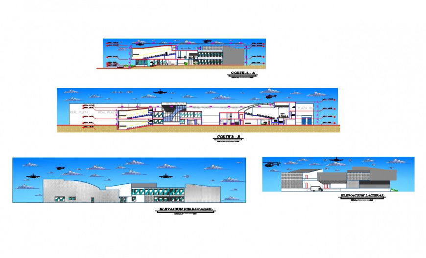 Front and back elevation and sectional details of college building dwg file