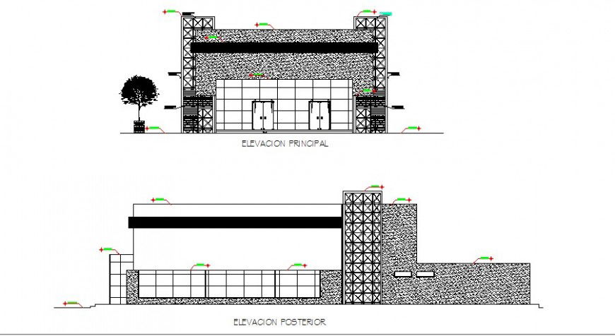Front and back elevation details of auditorium hall building details dwg file