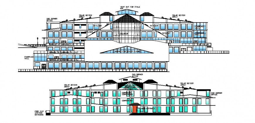 Front and back elevation details of head quarter office building dwg file