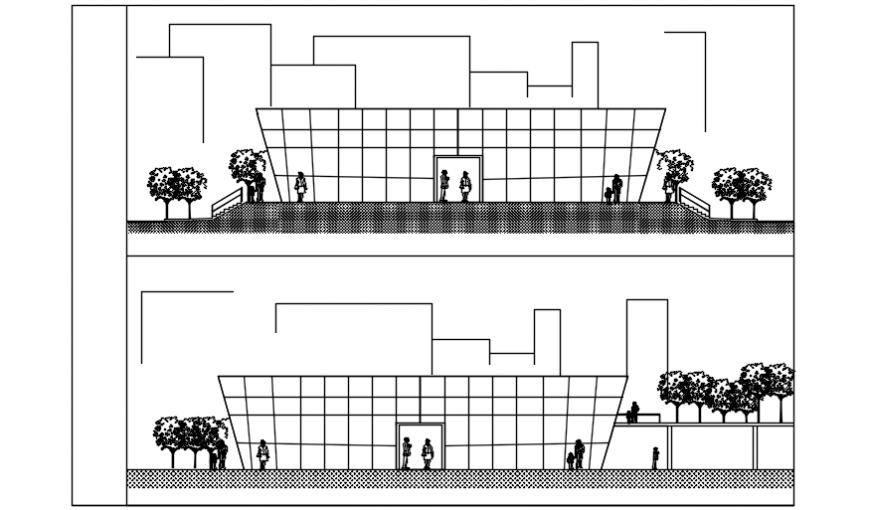 Front and back elevation drawing details of auditorium hall building dwg file