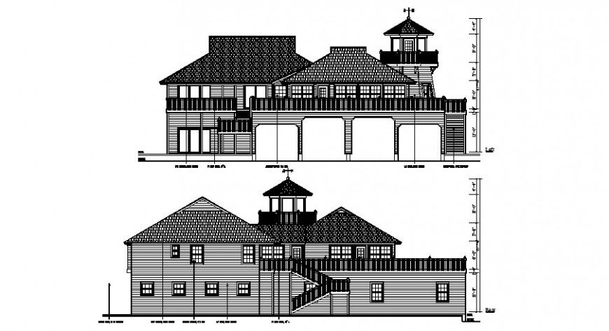 Front and back elevation drawing details of classic roof house dwg file