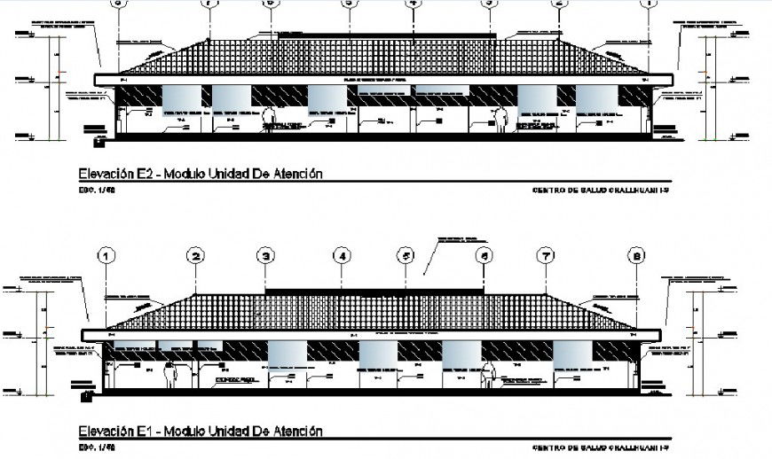 Front and back elevation drawing details of health center dwg file