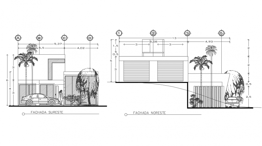 Front and back elevation drawing details of one family house dwg file