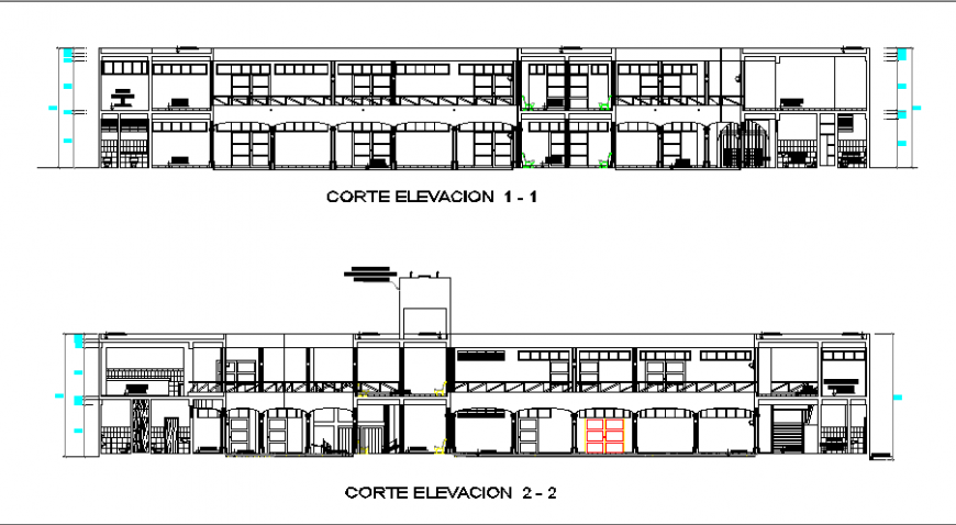 Front and back elevations details of two flooring school building dwg file