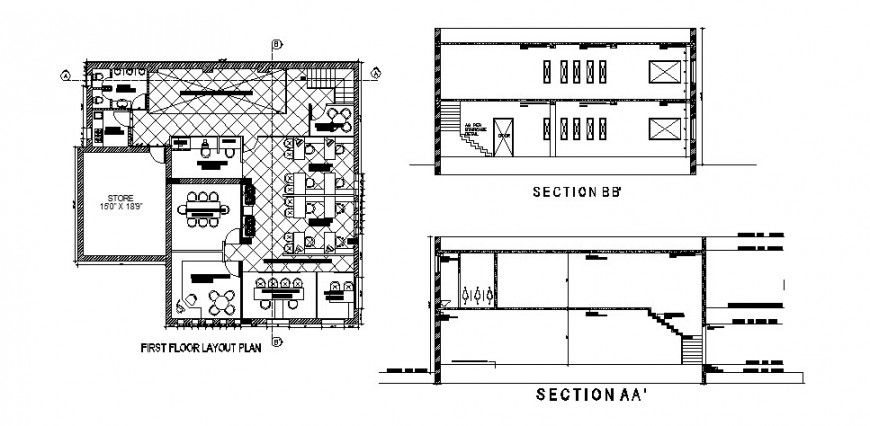 Front and back section and first floor plan of one family house cad drawing details dwg file