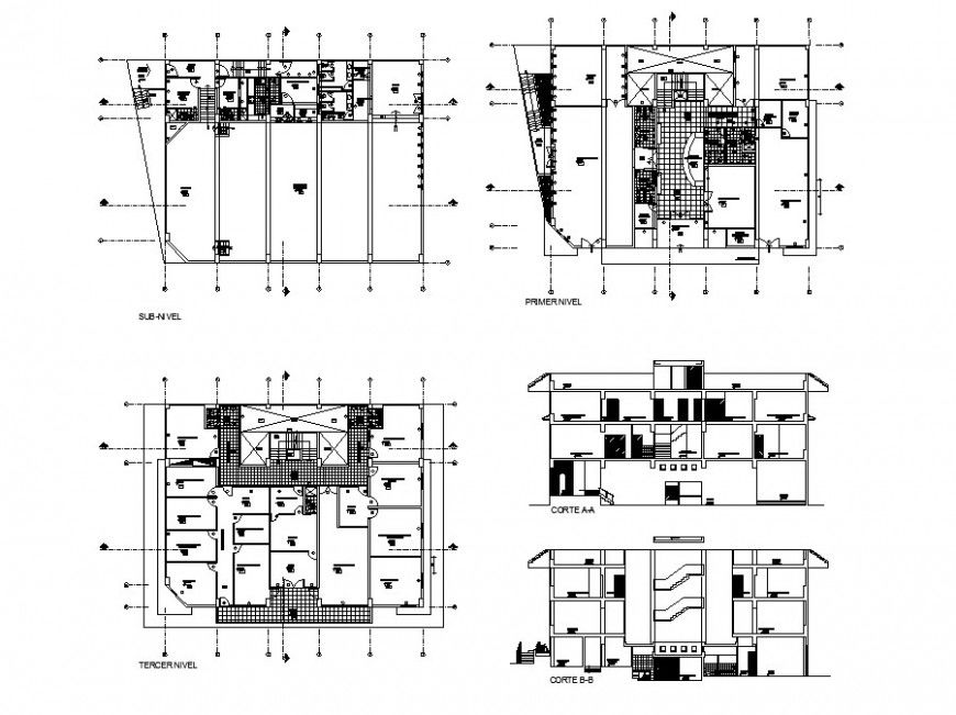 Front and back section and floor plan details of municipal district building dwg file
