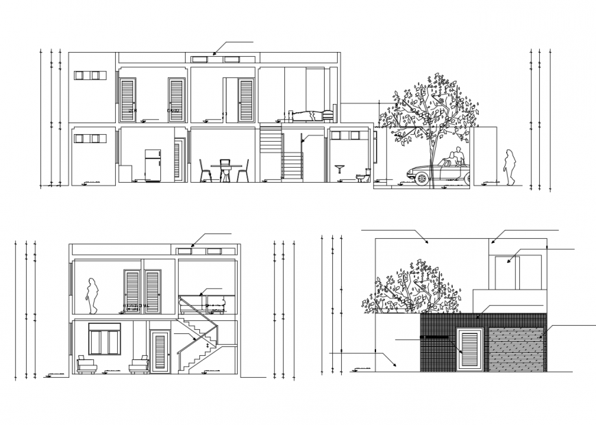 Front and back section and main elevation details of two story house dwg file