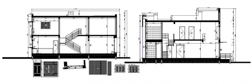 Front and back section and structure details of one family house dwg file