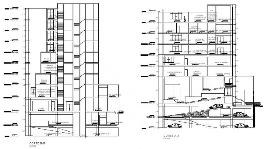 Front and back section details of Financial center multi-level office building dwg file