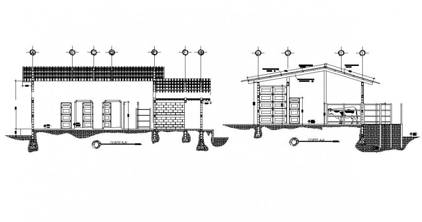 Front and back section details of municipal rural office dwg file