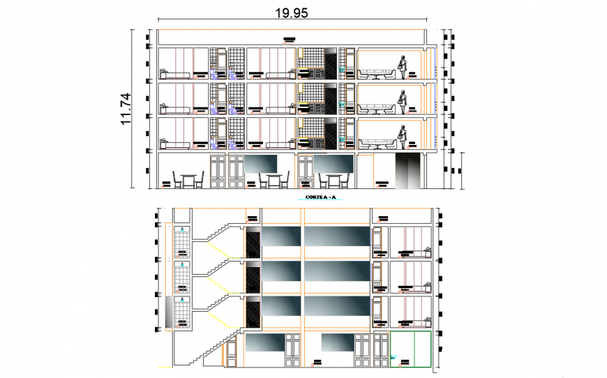 Front and back section drawing detail of residential building dwg file