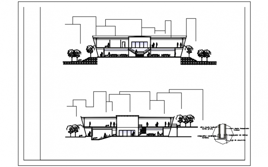 Front and back section drawing details of auditorium hall building dwg file