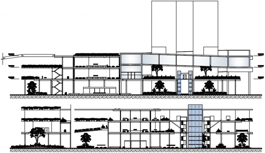 Front and back section drawing details of hotel with convention center dwg file