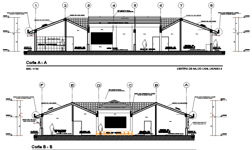 Front and back section drawing details of rural health center dwg file