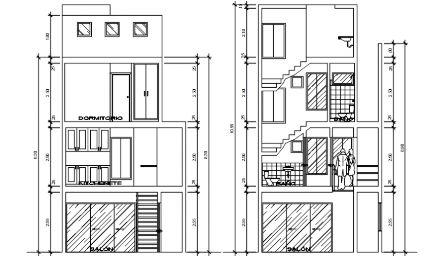 Front and back section drawing details of three story house dwg file