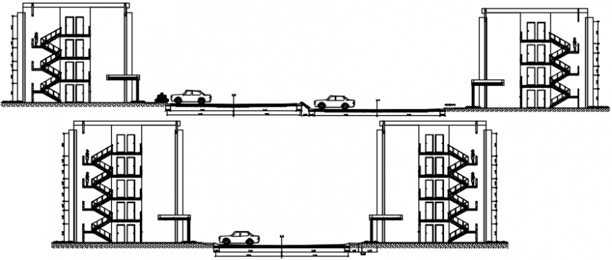 Front and back section drawing details of two apartment building blocks dwg file