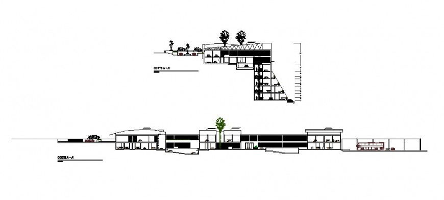 Front and back sectional details of luxuries hotel building dwg file
